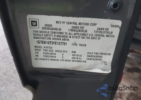 2000 GMC Sierra 1500 Sle из США, поврежденный, VIN 1GTEK19T3YE137791